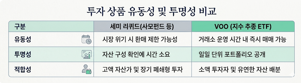 투자 상품 유동성 및 투명성 비교